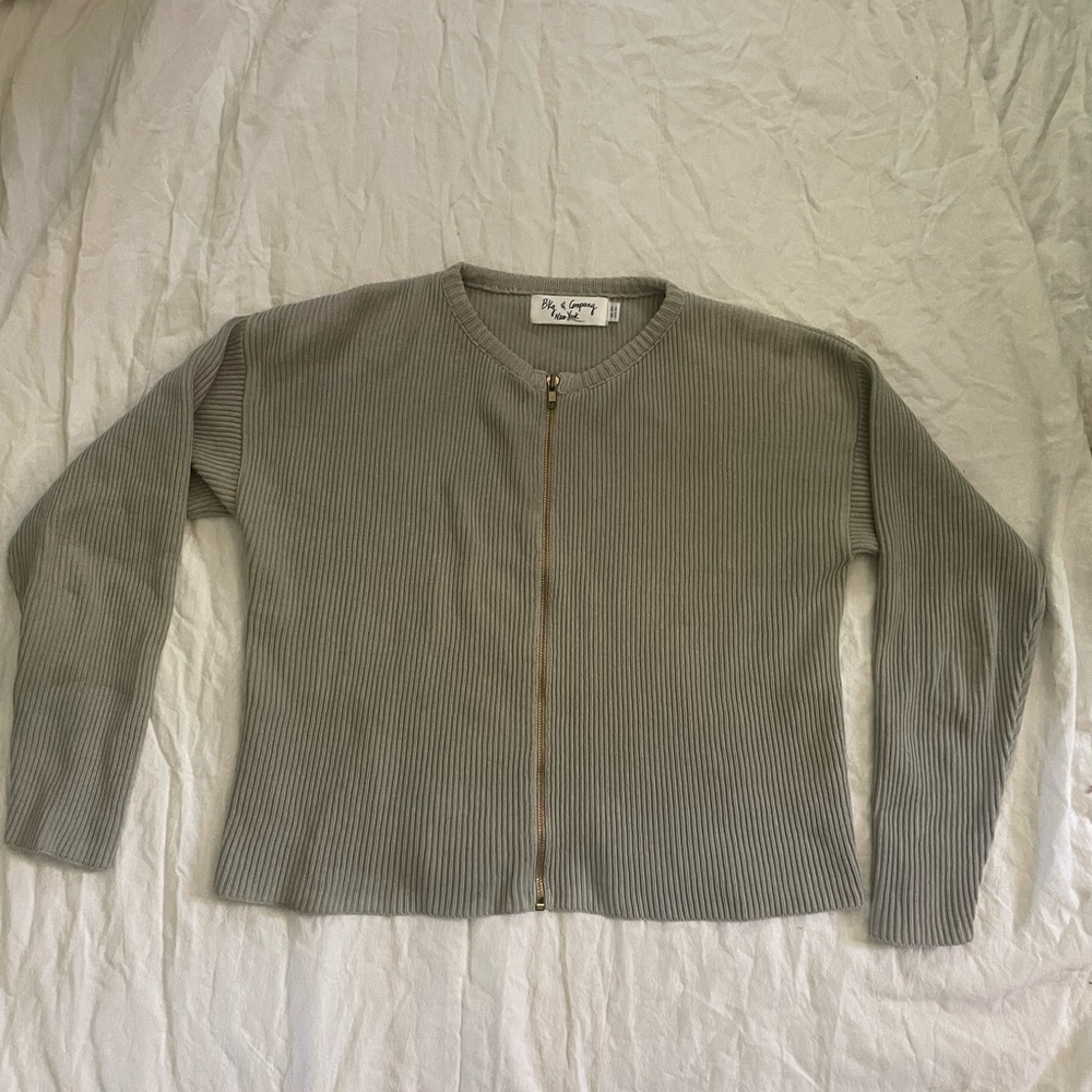 Sage Green Ribbed Zip-Up Cardigan